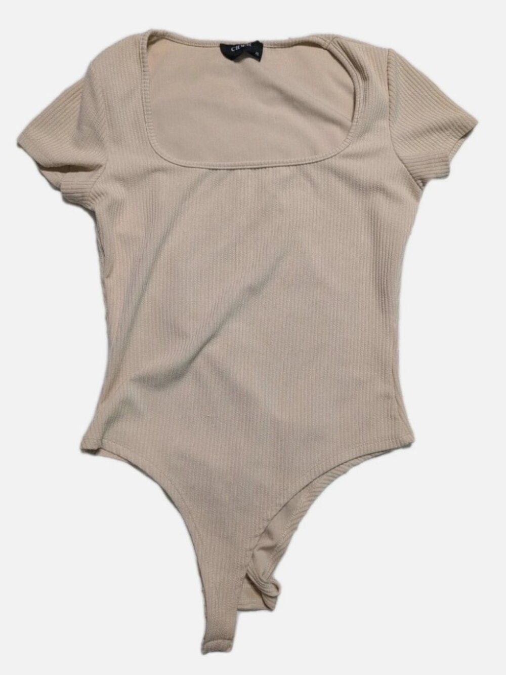 Cider Bodysuit - Size XL (10, 12)- Ribbed Tan Beige Square Neck Short Sleeve